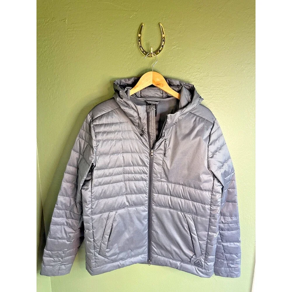 PRANA Lasser Men's Down Insulated Charcoal Hooded Puffer Jacket Sz M
